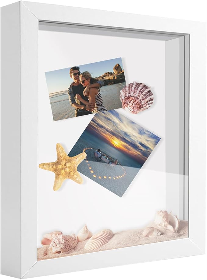 8x10 Shadow Box Frame Display Case, Wood with Plexiglass, Display Case Box for Memorabilia, Medal, Crafts,Tickets and Photos, Picture Frame for Wall and Tabletop (White, 8x10)