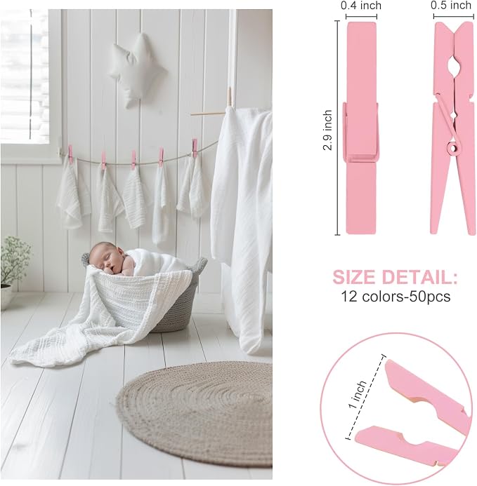 Colored Clothes pins 2.9inch 50PCS Pink, Colorful ClothesPins Wooden Clips - Image 2