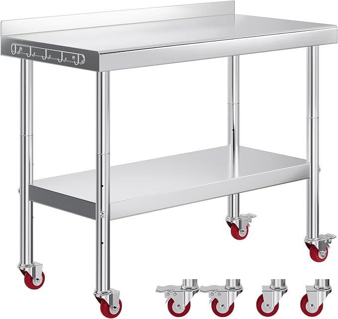 Jocisland 24" x 48" Stainless Steel Table for Prep & Work with Backsplash and Wheels, Adjustable Under Shelf & Safe Design for Restaurant, Home and Outdoor