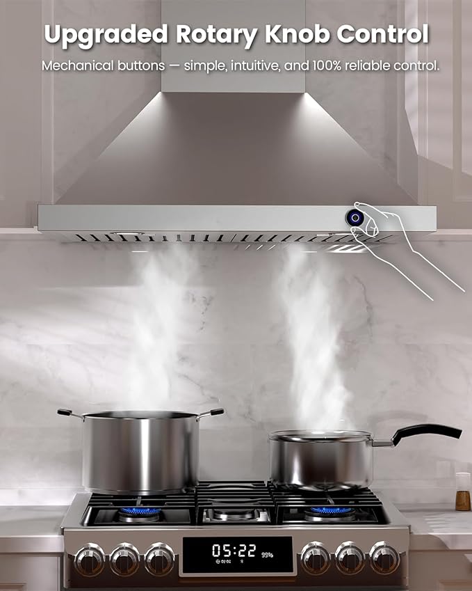 JOCO 36 Inch Wall Mount Range Hood, 900 CFM Stainless Steel Kitchen Chimney Vent Hood, Convertible for Ducted or Ductless Installation, 4-Speed Knob Control P02-36K