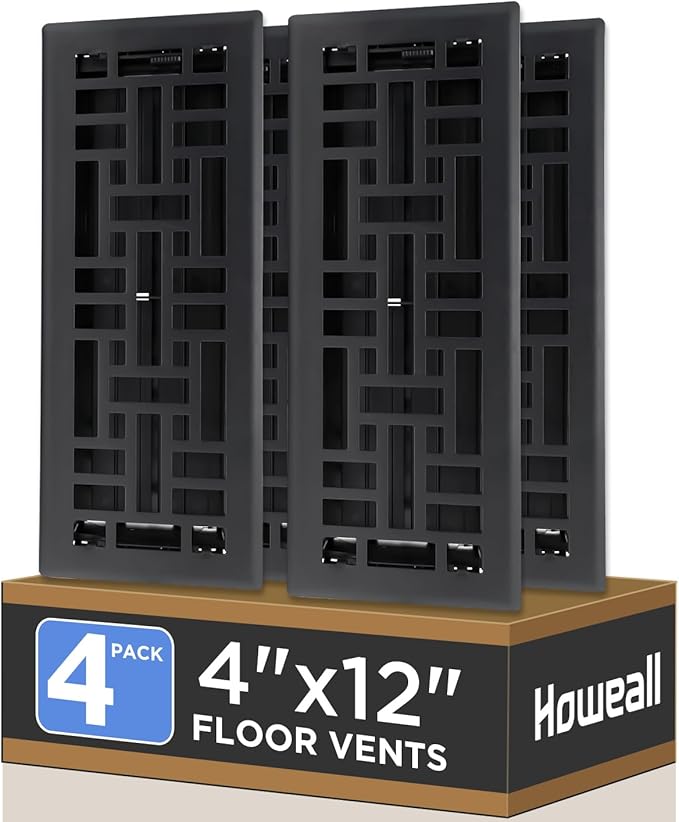 4x12 Inches 4 Pack Heavy Duty Walkable Floor Register - Easy Adjust Air Supply Lever Decorative Floor Vent Covers, Seattle Design Vent Covers for Home - Matte Black