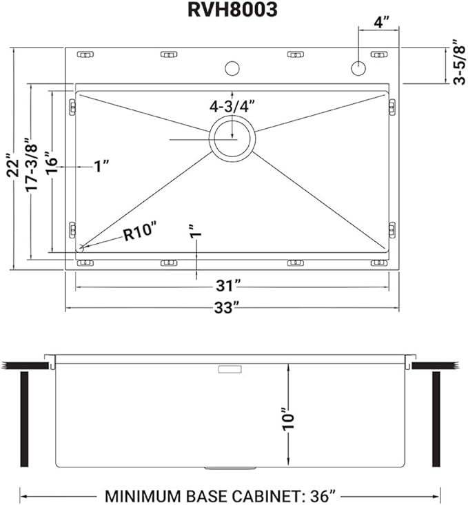 Ruvati 33 x 22 inch Workstation Drop-in Topmount Kitchen Sink 16 Gauge Stainless Steel Single Bowl - RVH8003