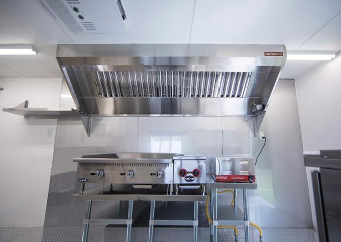 Food Truck Low Profile Exhaust Hood System Includes a stainless steel exhaust hood, an exhaust fan, an adjustable duct section, and installation hardware (6' Long Hood & Fan)