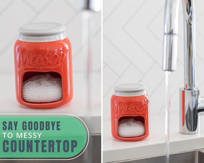 Comfify Coral Mason Jar Ceramic Sponge Holder – Farmhouse Sink Caddy - Image 4