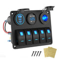 Marine Boat Switch Panel Waterproof, 5 Gang Marine Rocker Switch Aluminum Panel with 3 Port 66W 12V USB Outlet Car Charger, 150W Cigarette Lighter Socket and Blue LED Voltmeter for Truck Car RV, etc.