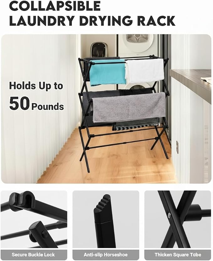 3-Tier Metal Folding Clothes Drying Rack, Laundry Drying Rack Clothing | - Image 5