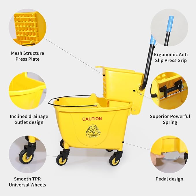 Side Press Wringer Combo Commercial Floor Cleaning Mop Bucket on Wheels - Image 4