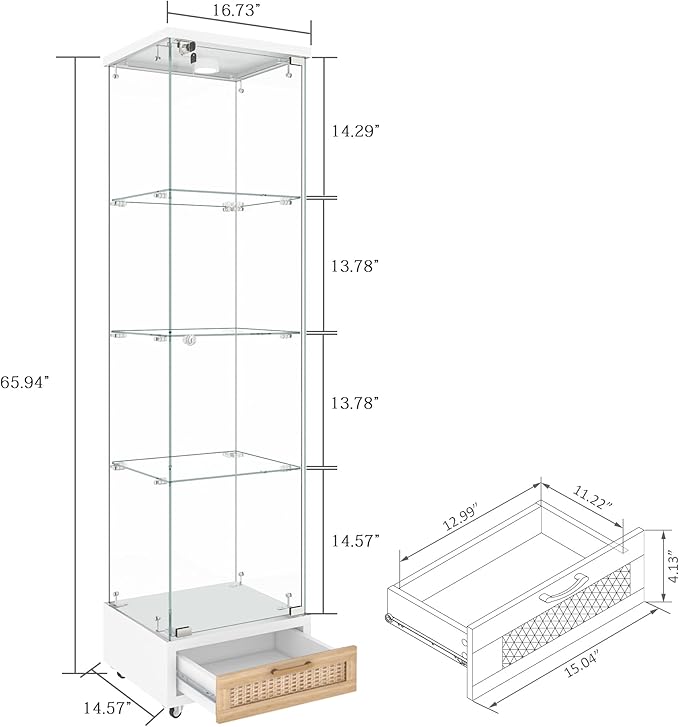 Yoluckea 4 Tiers Glass Display Cabinet with LED Lighting and Drawer, 1 Door Floor Standing Curio Cabinet with Wheel for Home, Office, Corner Display, White Glass Bookshelf for Collections and Decor