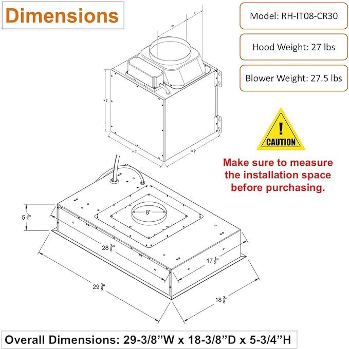 Awoco 30”W Flush Ceiling Mount Split Insert Range Hood, Stainless Steel 4 Speeds 1000 CFM, 8” Round Top Vent LED Lights Remote Control (30"W 19"D 8" Vent)