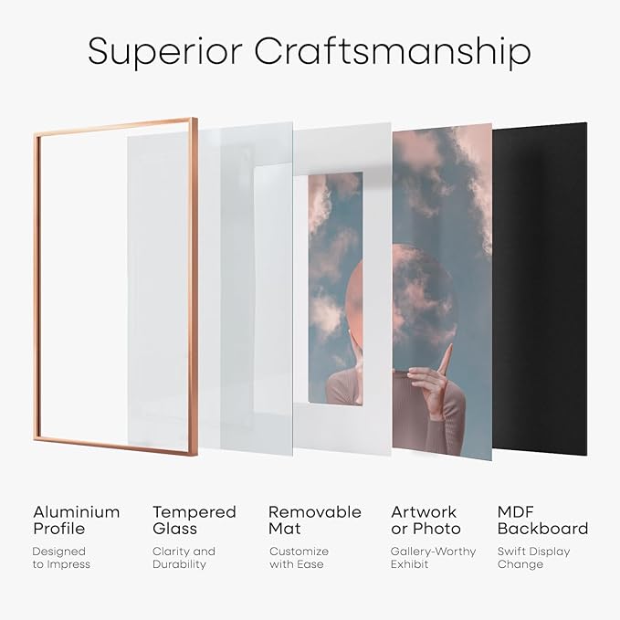 Homeforia 12x24 Rose Gold Picture Frame, High End Metal 12x24 Poster Frames with Mat 8x20 Photo, 12 x 24 Rose Gold Frame Matted to 8 x 20 Art, 24x12 Panoramic Frame, Tempered Glass, Wall Kit, Set of 1