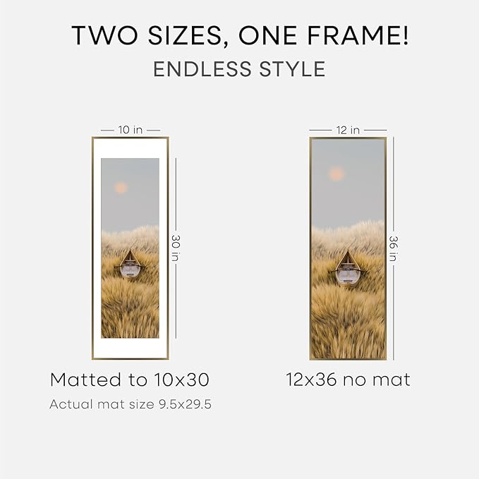 Homeforia 12x36 Picture Frame Bronze, High End Metal 12by36 Brass Poster Frames with Mat 10x30 Photo, 12 x 36 Panoramic Frames Matted to 10 by 30 Art, 36by12 Frames, Tempered Glass, Wall Kit, Set of 3