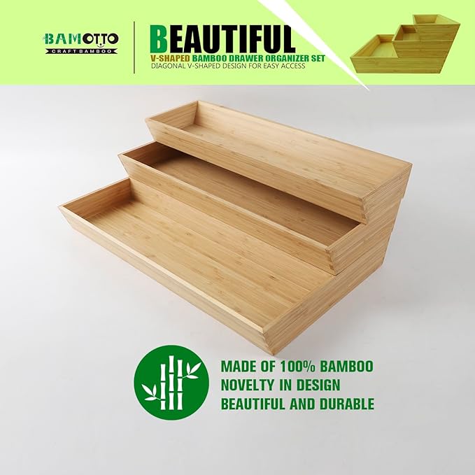 V-Shaped 3-Pack 19.6" Long Bamboo Drawer Organizer Box - Easy Reach Cutlery Tray for Flatware Silverware Utensil, Kitchen & Home Use (19.6"x5.7"/19.6"x7.8"/19.6"x12.4")