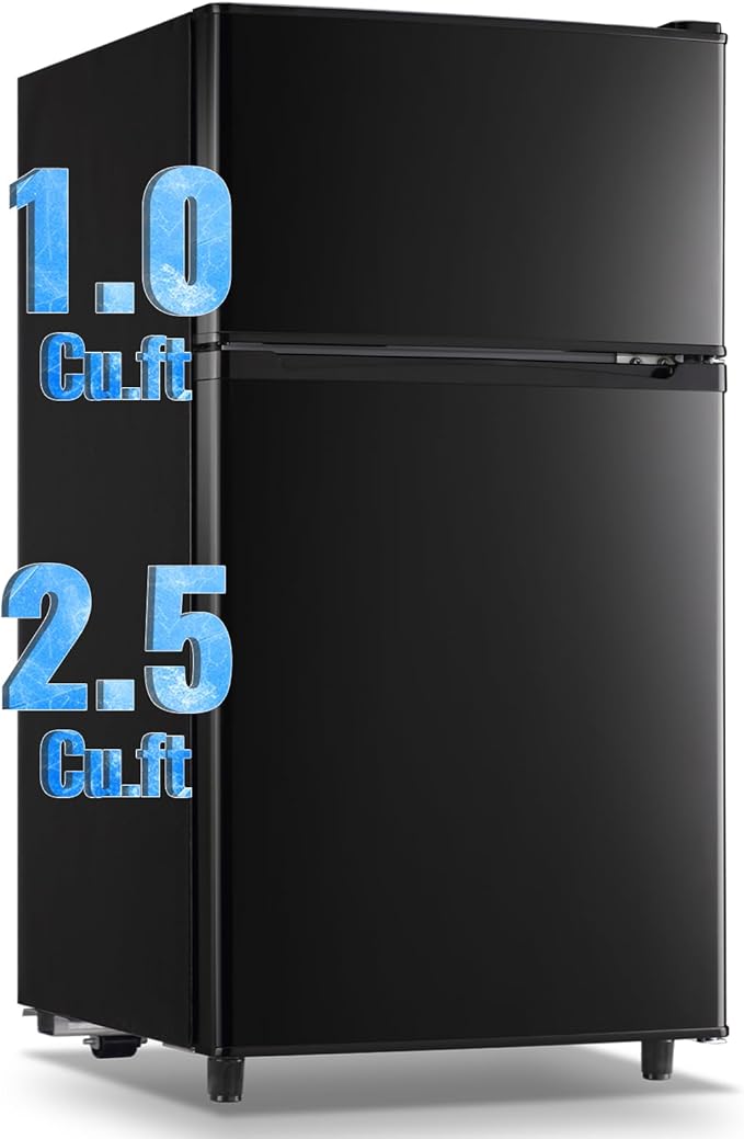 WANAI 3.5 Cu.Ft Mini Fridge with Freezer, Compact Refrigerator for Office, Dorm, Apartment, 7-Level Adjustable Thermostat, 2 Removable Shelves and Bakset, Small Fridge in Black