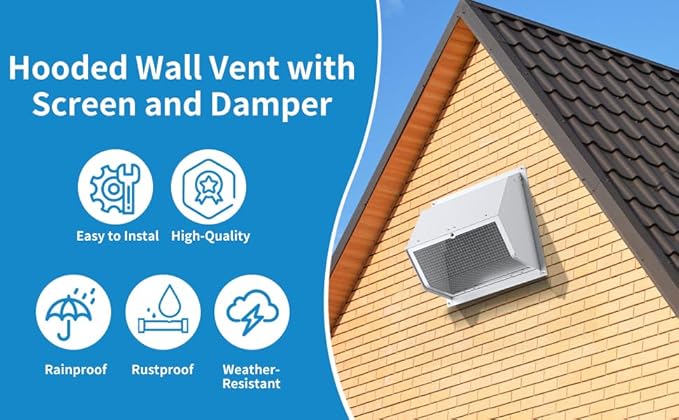 10 Inch Hooded Wall Vent with Screen and Damper,Wall Exhaust Vent Cover Cap,Dryer Vent Cover Outside,External Extractor Wall Vent Hood for House Kitchen Range Hood Air Ventilation White