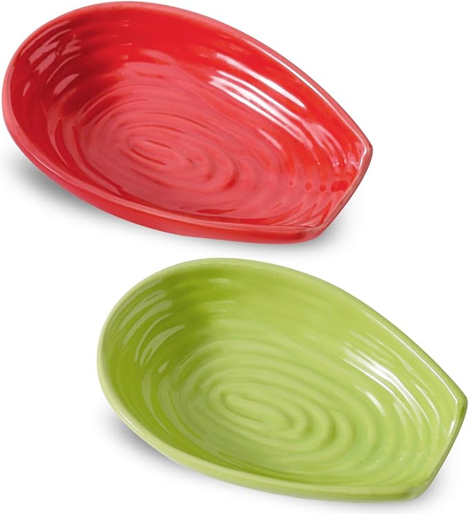 Spoon Holder for kitchen Counter, Porcelain Spoon Rest Set of 2 for Stove Top, Cooking Spatula Holder for Spoon, Ladle and Tong, Farmhouse Kitchen Coffee Bar Accessories and Decor, Red and Green