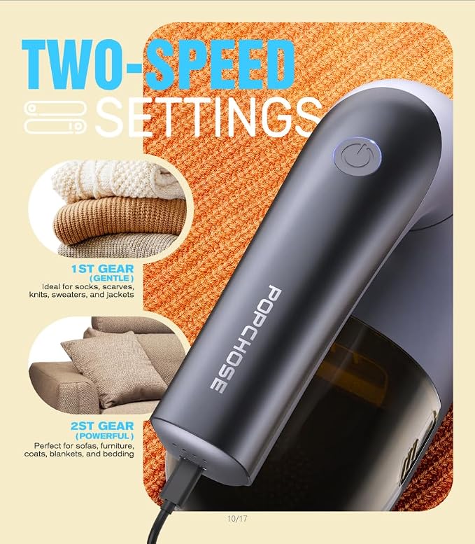 POPCHOSE Fabric Lint Shaver, 6-Leaf Blades & 2 Speed, 2000mAh Rechargeable | - Image 2
