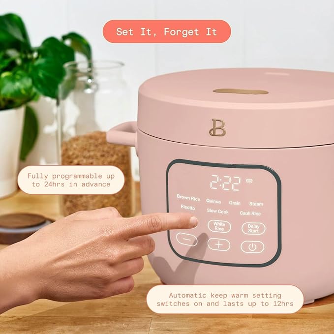 Beautiful 14-Cup Electric Rice & Grain Cooker, Ceramic Nonstick, 8 Presets, Slow Cook, Steamer Tray (Rose)