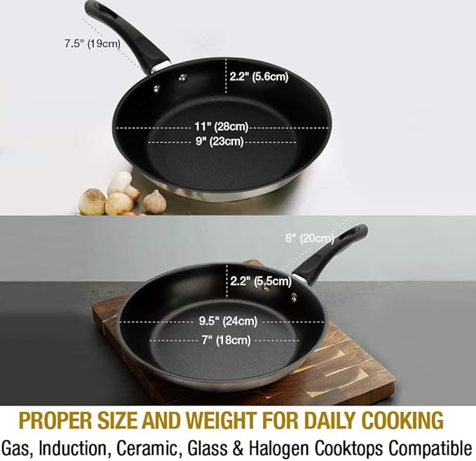 HOMICHEF Nonstick Frying Pan Set of 2 (9.5 & 11 Inch) with Glass Lids - Skillet & Omelet Pan Cookware Set, Nickel Free Stainless Steel, Induction Compatible