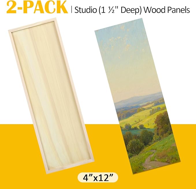 Falling in Art 2 Pack Unfinished Wooden Canvas Panels, 4x12 Gallery Birch Wood Panels Kit, 1 1/2" Deep Art Cradle Boards for Acrylic Painting, Pouring and Burning