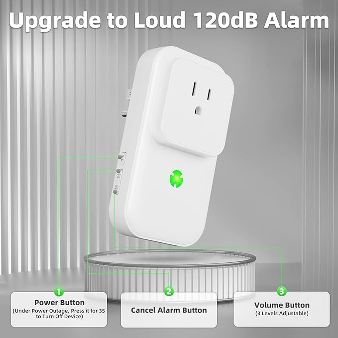 Power Failure Alarm, Upgrade 120dB Power Outage Alarm for Freezer, Power Outage Monitor with LED Indicator & Extender Socket, GFCI Circuit Failed Detector for Home, Garage, Basement