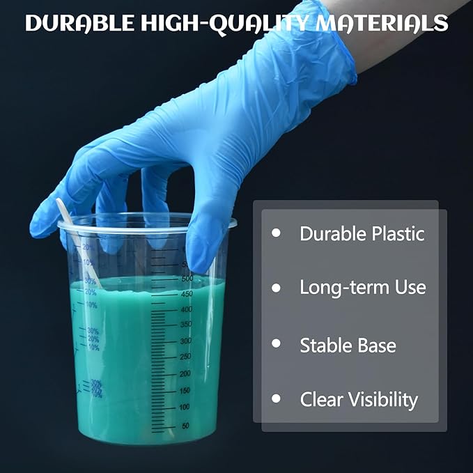 Artcome Mixing Cup Kit - 50 PC 20oz (600ml) Plastic Measuring Cups, 50 PC Wooden Mixing Sticks, 100 PC 40ml Disposable Small Cups, 10 PC Stirring Rods - Ideal for Epoxy Resin, Paint & Liquid Mixing