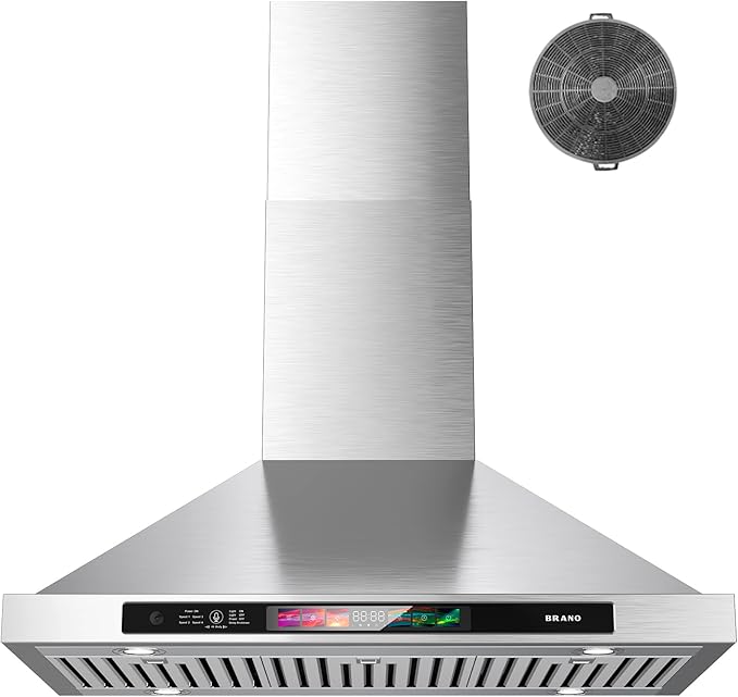 BRANO 30-inch Wall Mount Range Hood 900 CFM with Voice/Gesture/Touch Control, Stainless Steel Kitchen Hood Vent with 4 Speed Exhaust Fan, LED Adjustable Lights, Memory Mode