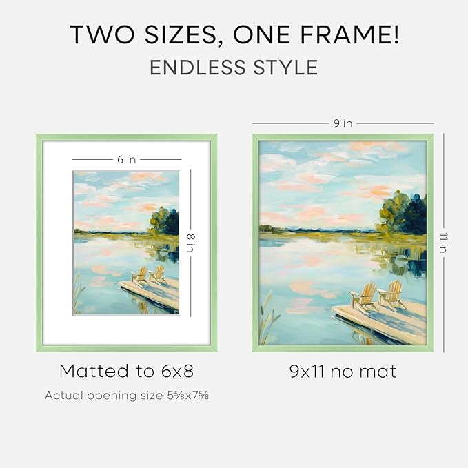Homeforia 9x11 Sage Green Frame, High End Metal 9 x 11 Picture Frames with Mat 6 by 8 inch Photo, 9by11 Poster Frame Matted to 6x8 Art, 11x9 Wall or Tabletop Frames, Tempered Glass, Wall Kit, Set of 2