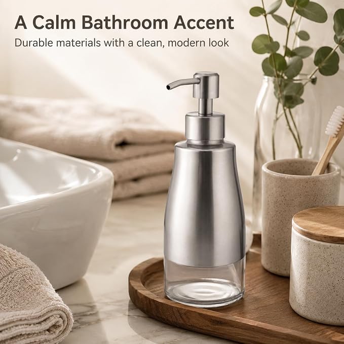 Non-Slip Soap Dispenser with Brushed Nickel Stainless Steel Case, Glass Liner - Image 6
