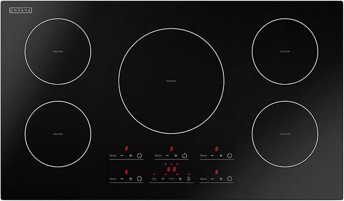 Empava 36 Inch Built-In Electric Induction Cooktop, 5 Zone Smooth Glass Surface, Touch Sensor Panel, Power Boost, Timer Control, Child Lock Feature, Hardwired Kitchen Appliance