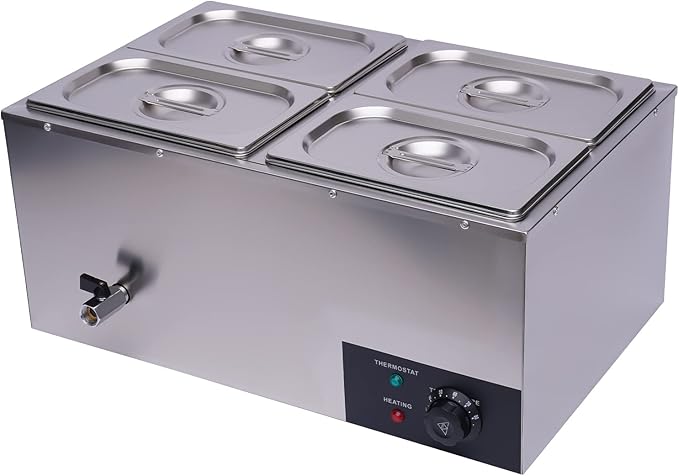 Electric Bain Marie Food Warmer, 600W 4-Pan Commercial Steam Table Food Warmer, 17Qt Portable Countertop Restaurant Buffet Steam Table 86-185℉ Temp Range for Parties, Caterings, Buffets
