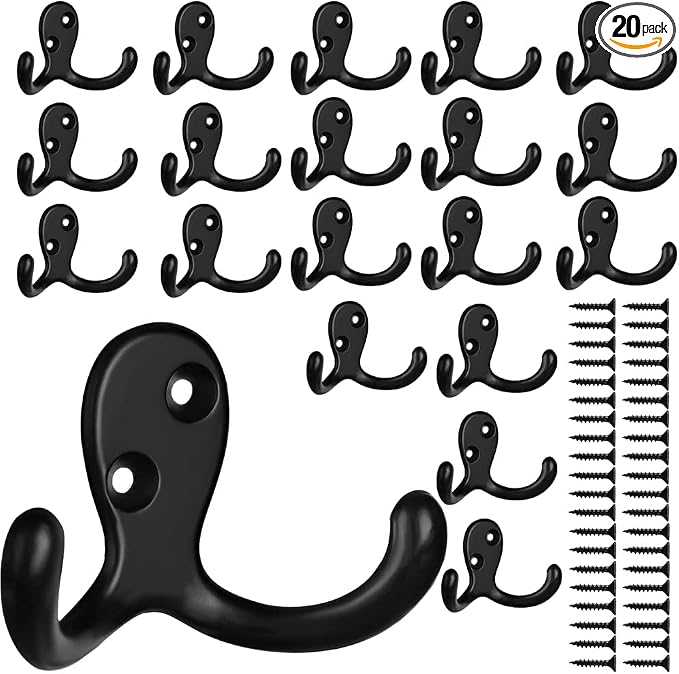IBosins 20 Pack Black Double Prong Coat Hooks Wall Mounted by IBosins