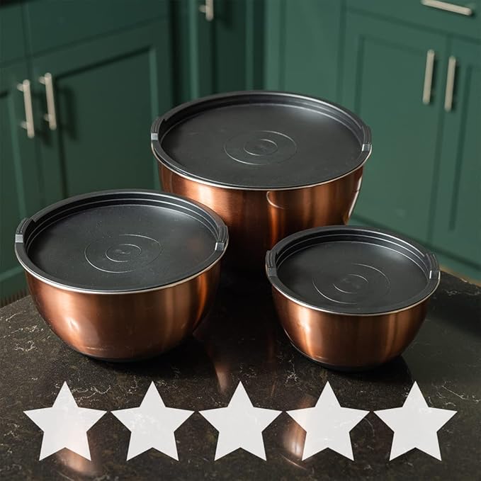 Samma Copper Mixing Bowls Set with Lids - Stainless Steel Interior, Non-Slip Black Silicone Base - Nesting Mixing Bowls for Baking, Cooking & Meal Prep (3-Piece Set)