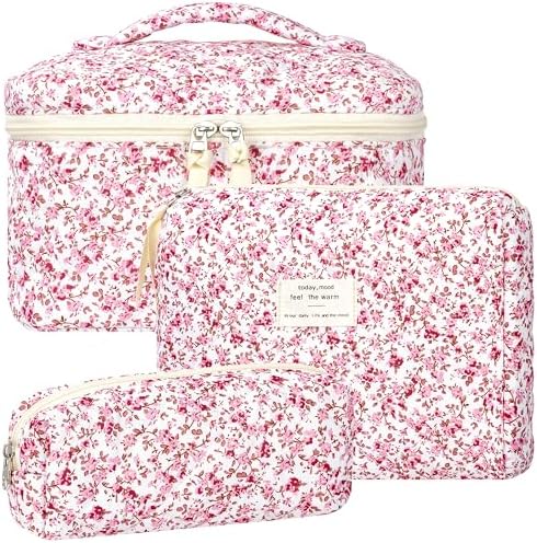 BuyCard Quilted Makeup Bag Set, CuteFloral Cotton Coquette Makeup Bag Toiletry by BuyCard