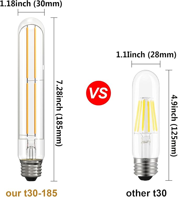 ASOKO 7.3 Inch E26 Led Bulb 6W Dimmable, 2700K Warm White Edison Bulbs 900LM, Tubular T30 Clear Glass Light Bulb 3 Pack