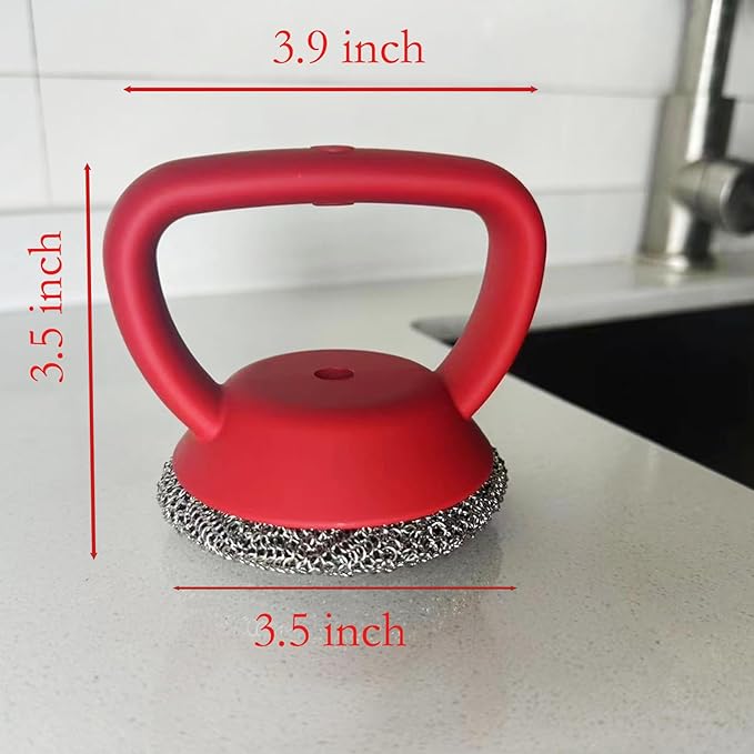 Cast Iron Scrubber, Iron Chainmail Scrubber Skillet Cleaner with Silicone Handle, Stainless Steel Chain Mail Scrubber for Cast Iron Skillets