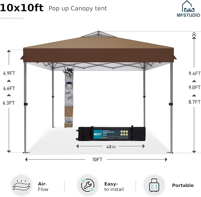 MFSTUDIO 10x10 Pop up Canopy Tent, Gazebo Shelter Sun Shade Canopies One Push Setup Portable Popup Easy Set up Tents with Vented Top,Storage,4 Sandbags,for Beach,Parties,Camping