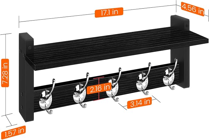 Wall Coat Rack With Shelf, Wood Entryway Hanger With Hooks, Small Floating Pegs - Image 8