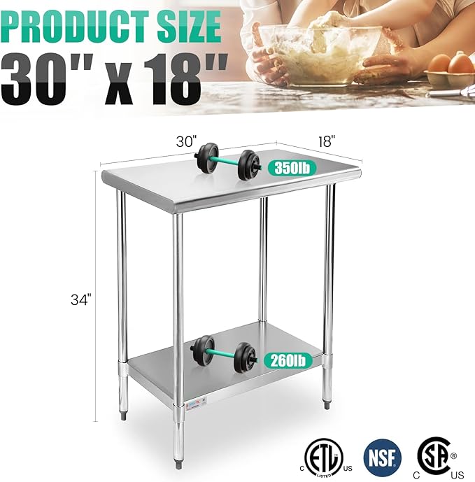 STABLEINK NSF Stainless Steel Table, 30 x 18 Inches Small Metal Prep & Work Table with Adjustable Undershelf, for Commercial Kitchen, Restaurant, Hotel and Garage
