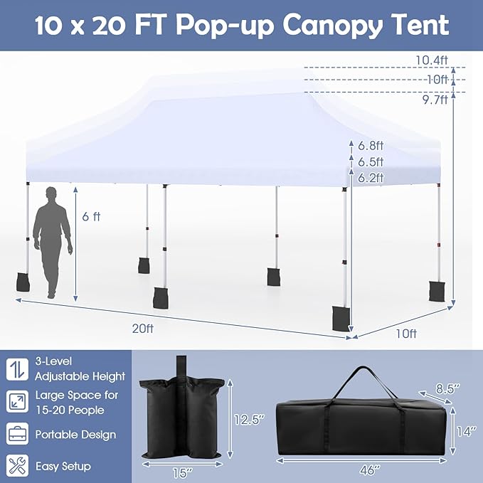 Tangkula 10x20 Ft Pop Up Canopy, Instant Setup Tent with 6 Sandbags, 12 Stakes & 6 Ropes, UPF 50+ Portable Outdoor Canopy Tent with Carrying Bag for Camp, Beach, Patio (White)