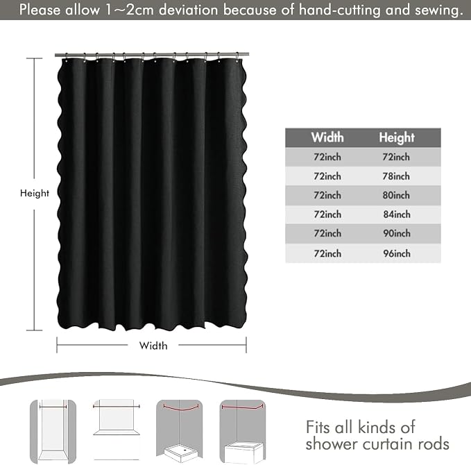 MIULEE 72"x96" Extra Long Scalloped Linen Shower Curtain Black - Image 6