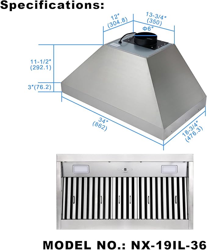 Akicon Range Hood Insert 36 Inch, Ultra Quiet, Powerful Suction Built-in Kitchen Vent Hood, Stainless Steel Ducted Stove Hood with Dimmable LED Lights Warm White, 4-Speed 600CFM