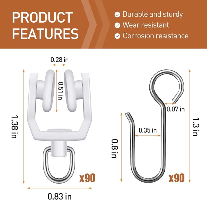 Jetec 180 Pcs Curtain Track Hooks Rollers Ceiling Mount S Hooks, Straight - Image 2