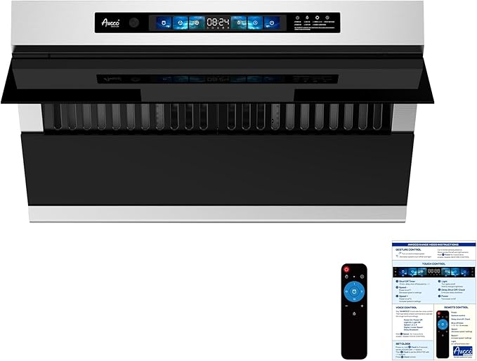 Awoco 30" Under Cabinet Range Hood, Side-Draft Design, 4 Speeds Exhaust Fan with 800 CFM, Voice, Gesture, Touch & Remote Control, 6" Vent, Dimmable LED Light Bars