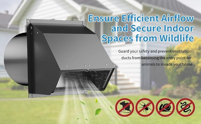 10 Inch Hooded Wall Vent with Screen and Damper,Wall Exhaust Vent Cover Cap,Dryer Vent Cover Outside,External Extractor Wall Vent Hood for House Kitchen Range Hood Air Ventilation Black