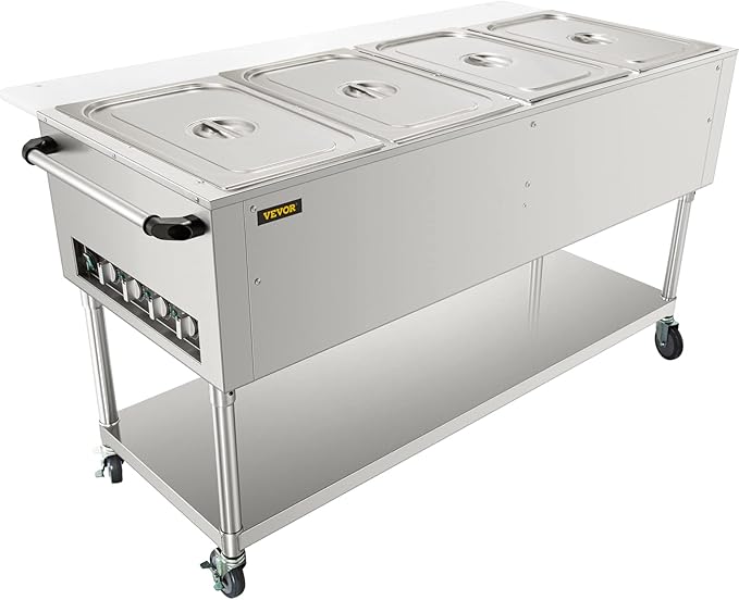 VEVOR Commercial Electric Food Warmer, 4-Pot Steam Table Food Warmer 0-100℃ w/ 2 Lockable Wheels, Professional Stainless Steel Material for Catering and Restaurants