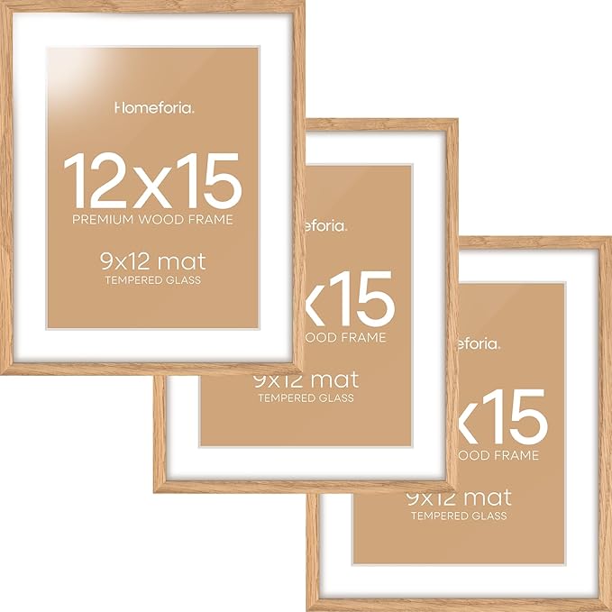 Homeforia 12x15 Wood Frame, High End Natural Oak 12x15 Light Wooden Picture Frame with Mat 9x12, 12 x 15 Poster Frames Matted to 9 by 12 Photo, 15x12 Hanging Frames, Tempered Glass, Wall Kit, Set of 3