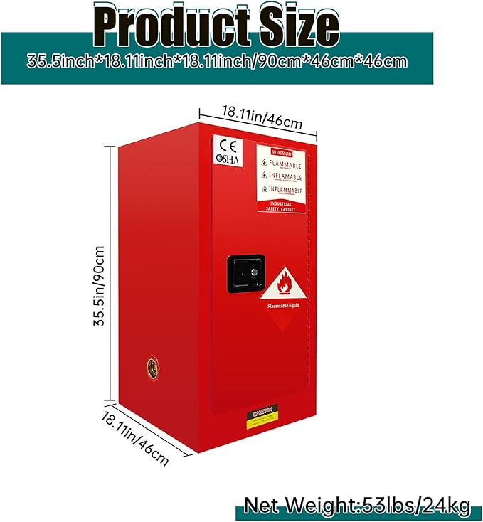 25 Gallon Flammable Storage Cabinet, 35.5×18×18in Galvanized Steel Safety Storage Cabinet, Adjustable Shelf Fireproof Cabinets, Flammable Liquid Storages Cabinets for Industrial and Home Use, Red
