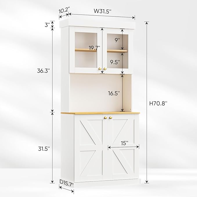 71" Tall Farmhouse Kitchen Pantry, Large Storage Cabinet with Glass Doors, Freestanding Coffee Bar Hutch with Microwave Stand, Adjustable Shelves for Kitchen, Living Room, White 3 Pcs