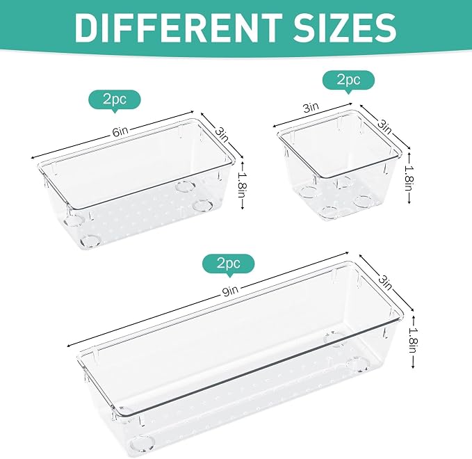 6 Pack Clear Drawer Organizer Set, Drawer Storage Trays, Storage Bins | Acrylic - Image 2