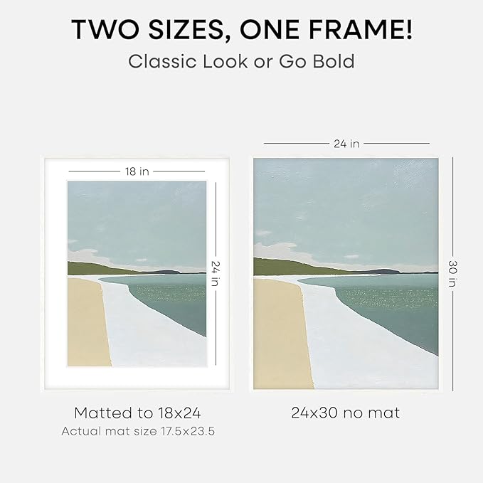 Homeforia 24x30 Poster Frame White, High End Oak 24 x 30 White Wood Picture Frames with Mat 18 x 24 for Photo, 24x30 Wooden Frame Matted to 18x24, 30x24 Large Frame, Tempered Glass, Wall Kit, Set of 3